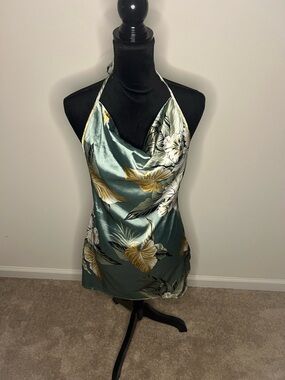 Silky Teal Green Print Top - Size M